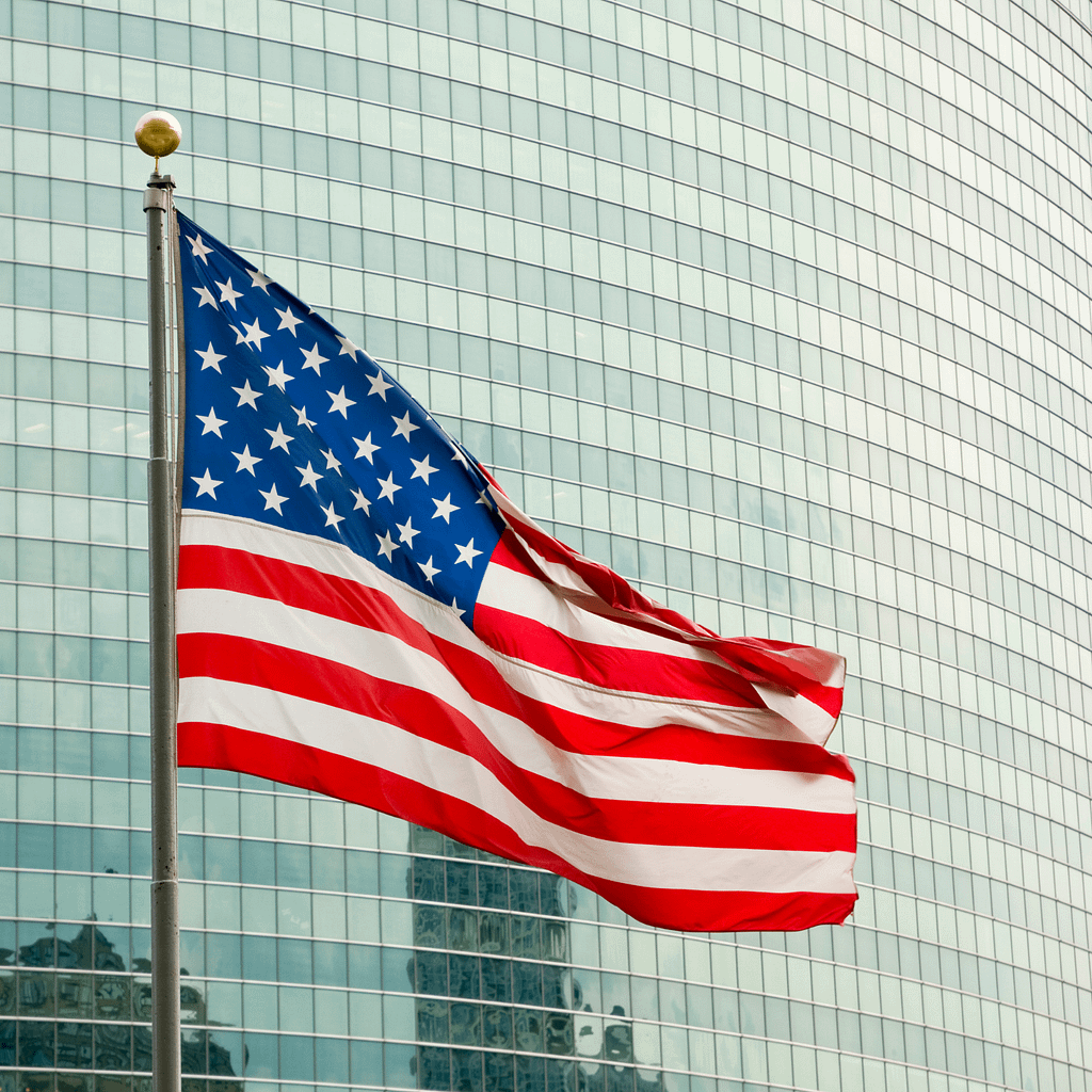 US FLAG, SKYSCRAPER BACKGROUND